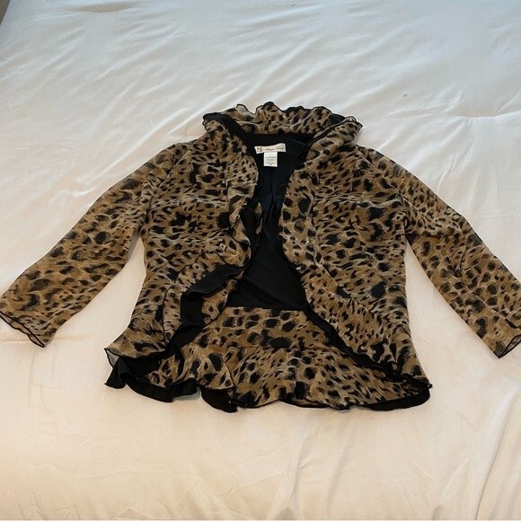 Maggie Sweet Open Front Jacket Black Brown Abstract Ruffle Fitted Crop Size PS - Picture 7 of 11